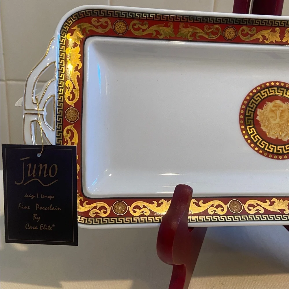 🌺Juno Fine Porcelain By Casa Elite Rectangular Tray - 12” Red and Gold